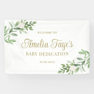 White Flowers and Greenery Baby Dedication Banner