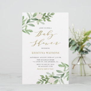 White Flowers and Greenery Baby Shower Invitation