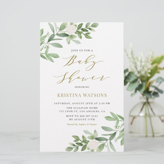 White Flowers and Greenery Baby Shower Invitation (Standing Front)