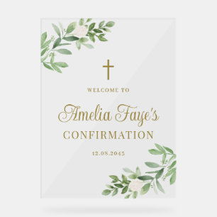 White Flowers and Greenery Confirmation Welcome Acrylic Sign