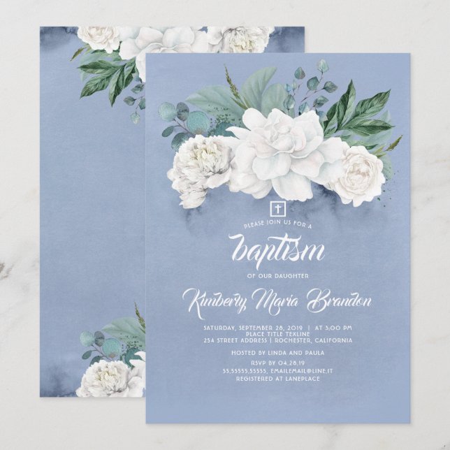 White Flowers and Greenery Dusty Blue Baptism Invitation (Front/Back)