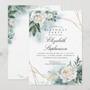 White Flowers and Greenery Elegant Birthday Party Invitation