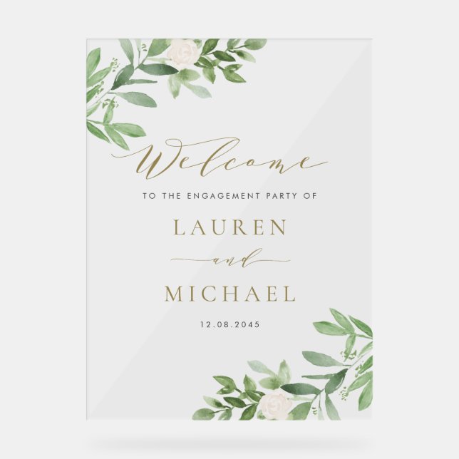 White Flowers and Greenery Engagement Party Acrylic Sign (Front)