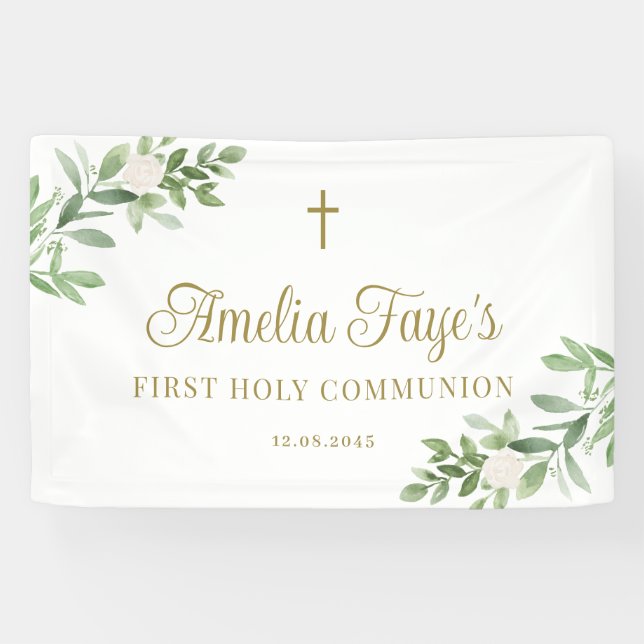 White Flowers and Greenery First Holy Communion Banner (Horizontal)