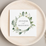 White Flowers and Greenery Personalized Wedding Napkin<br><div class="desc">Elegant floral wedding napkins featuring your names encircled by painted white gardenia flowers,  sprigs of baby's breath,  dahlias,  sage green fern leaves,  and vibrant green leaves. Perfect for wedding rehearsal dinners and wedding receptions! Designed to coordinate with our Lush White Flowers and Greenery collection.</div>