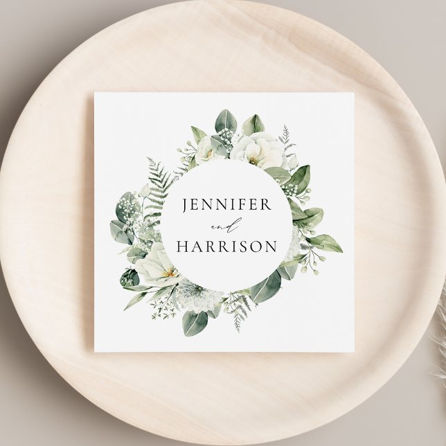 White Flowers and Greenery Personalized Wedding Napkin (Creator Uploaded)
