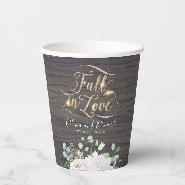 White Flowers and Greenery Rustic Fall in Love Paper Cups (Front)