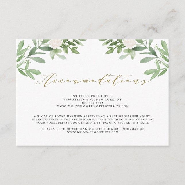 White Flowers and Greenery Wedding Accommodations Enclosure Card (Front)