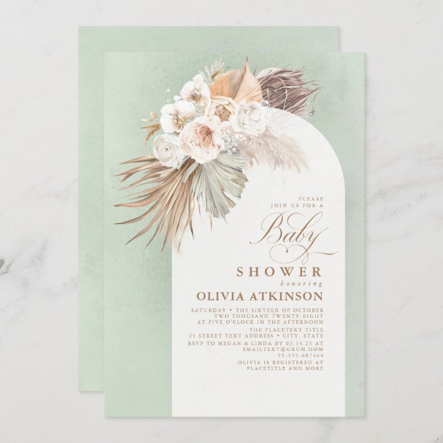 White Flowers and Pampas Grass Boho Baby Shower Invitation (Front/Back)