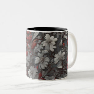 White flowers and red leaves on grey background. Two-Tone coffee mug