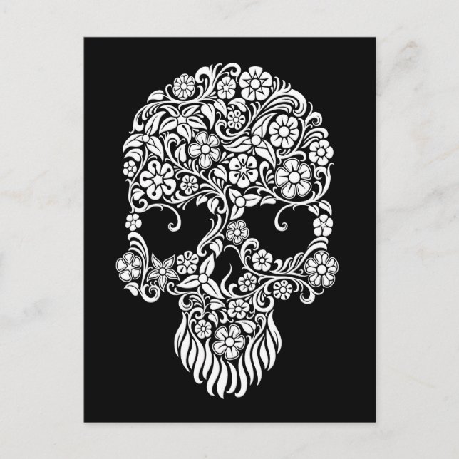 White Flowers and Vines Skull Design on Black Postcard (Front)