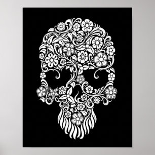 White Flowers and Vines Skull Design on Black Poster