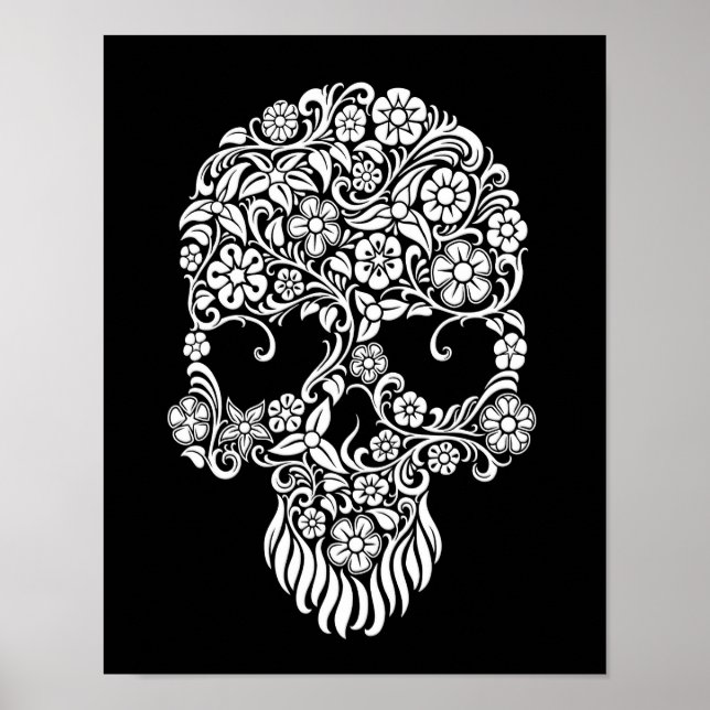 White Flowers and Vines Skull Design on Black Poster (Front)