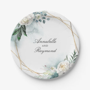 White Flowers and Watercolor Greenery Elegant Paper Plate