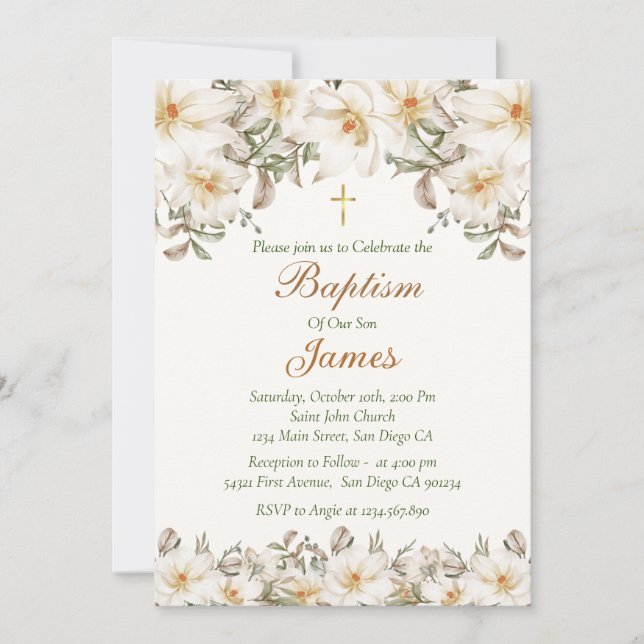 White Flowers Baptism Invitation (Front)