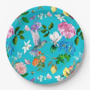 White flowers,birds,bees,lemon,butterflies,   paper plate