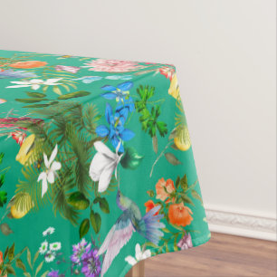 White flowers,birds,bees,lemon,butterflies, tablecloth