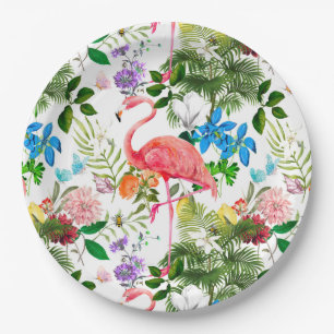 White flowers,birds,flamingo,bees,   paper plate