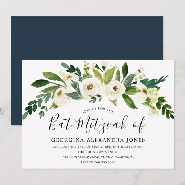 White Flowers Blooming Bat Mitzvah Invitation (Front/Back)