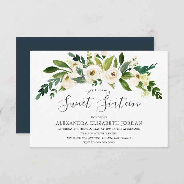 White Flowers Blooming Sweet 16 Invitation (Front/Back)