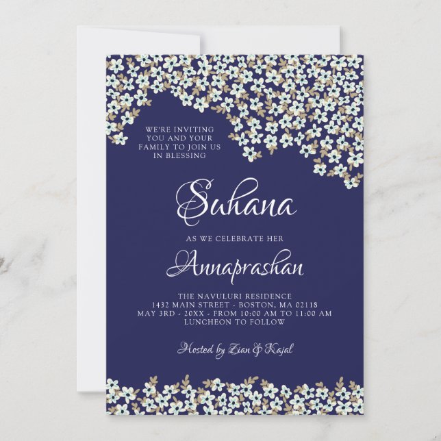 White Flowers Blue Annaprashan Invitation (Front)