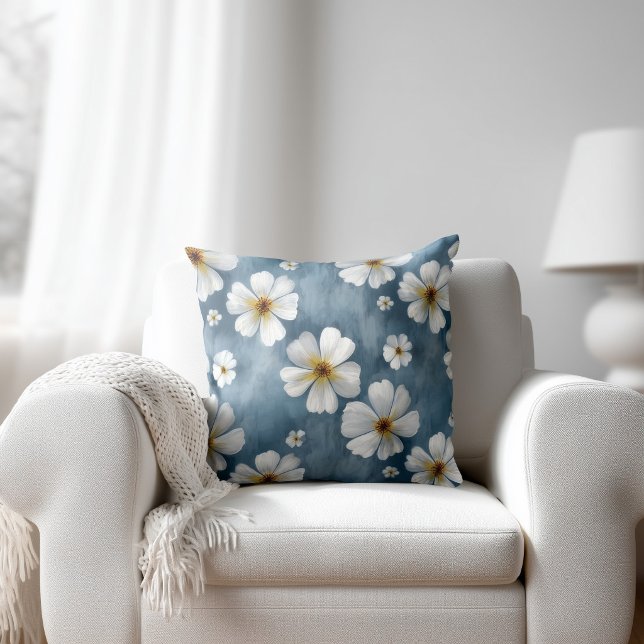 White Flowers Blue Throw Pillow (Creator Uploaded)