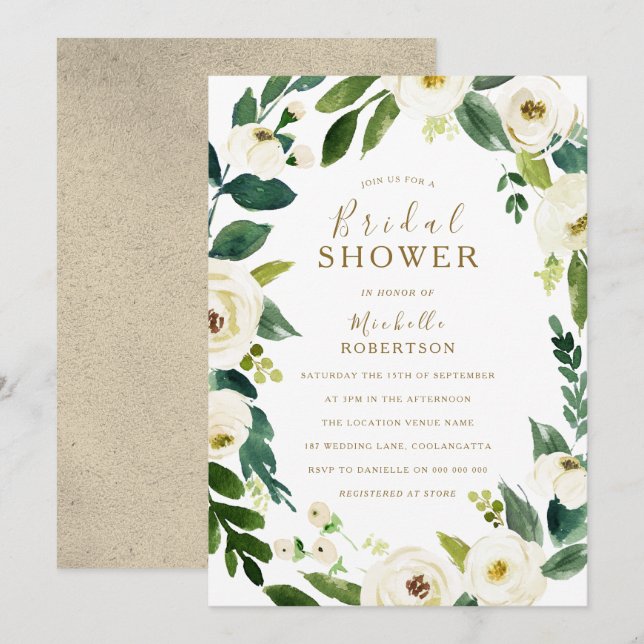 White Flowers Botanical Wreath Bridal Shower Invitation (Front/Back)