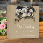 White flowers bouquet beige gold wedding album binder<br><div class="desc">Editable text wedding album binder featuring white ivory peony roses bouquets with seasonal winter foliage, pinecones and leaves, and a chic gold calligraphy script on a golden beige. Easy to personalize with your text! Keep your memories of your big day in a beautiful custom album! For coordinated wedding items please...</div>