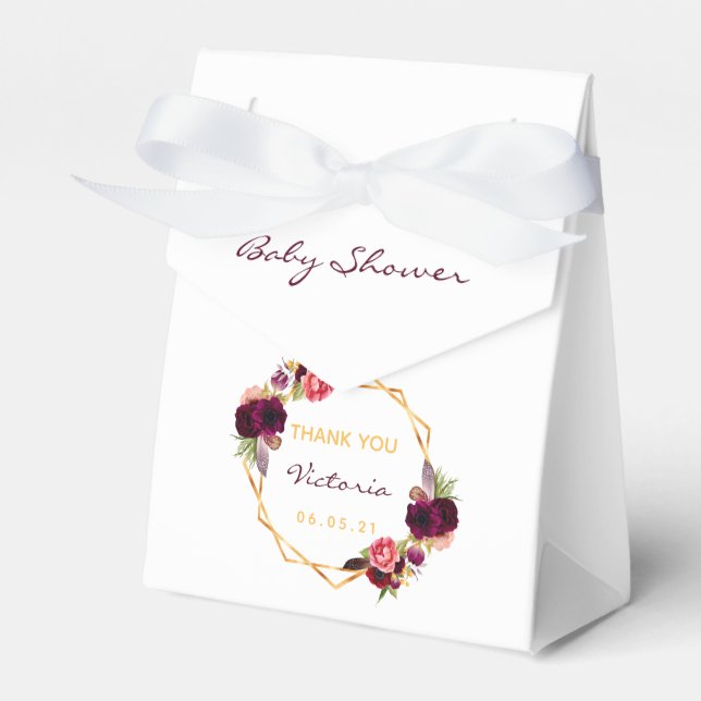 White flowers burgundy baby shower favor box (Front Side)