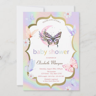 White Flowers Butterflies Holographic Baby Shower  Invitation