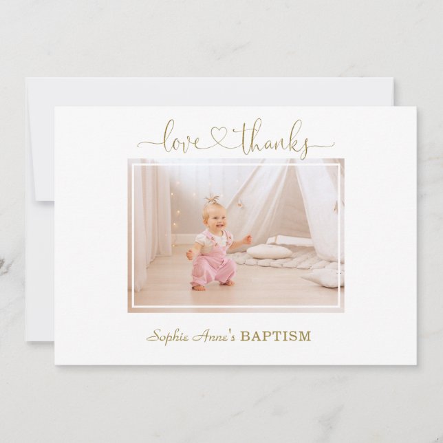 White Flowers Calligraphy Girl Photo Baptism Thank You Card (Front)