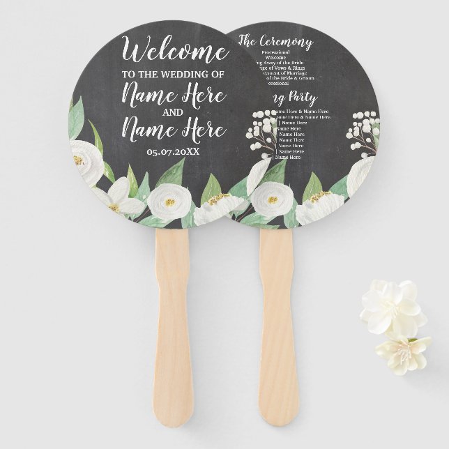 White Flowers Chalk Floral Wedding Programme Fan (Front and Back)