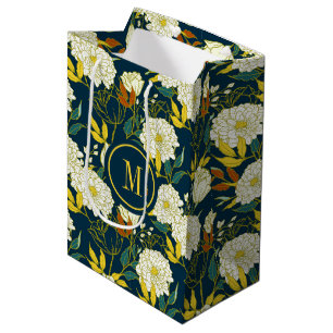 White flowers colourful leaves pattern medium gift bag