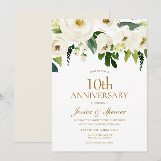 White Flowers & Cream 10th Wedding Anniversary Invitation (Front/Back)