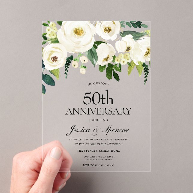 White Flowers & Cream 50th Wedding Anniversary Acrylic Invitations (Insitu (Handheld))