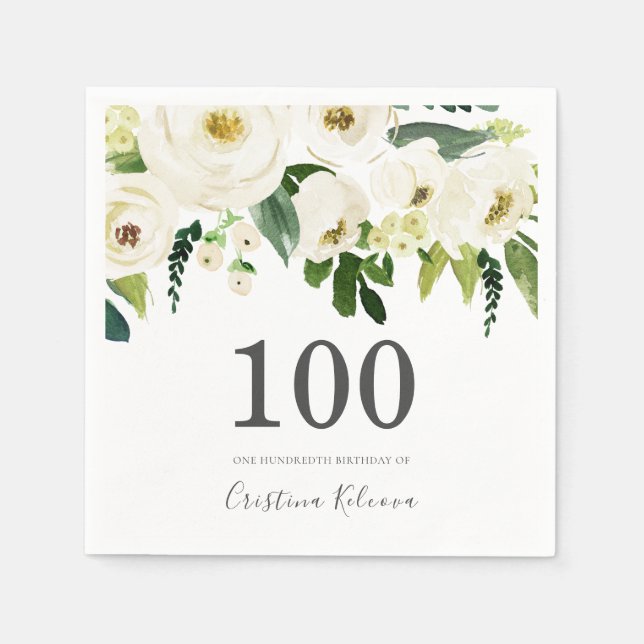 White Flowers & Cream Elegant 100th Birthday Napkin (Front)