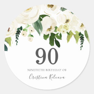 White Flowers & Cream Elegant 90th Birthday Classic Round Sticker