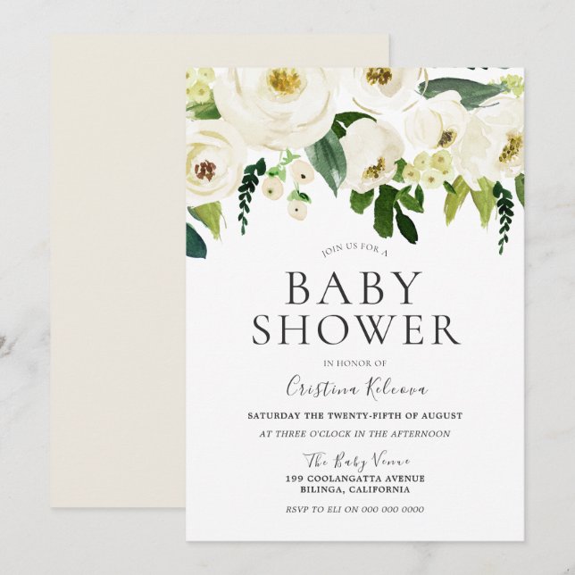 White Flowers & Cream Elegant Baby Shower Invitation (Front/Back)