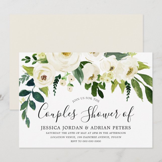 White Flowers & Cream Elegant Couples Shower Invitation (Front/Back)
