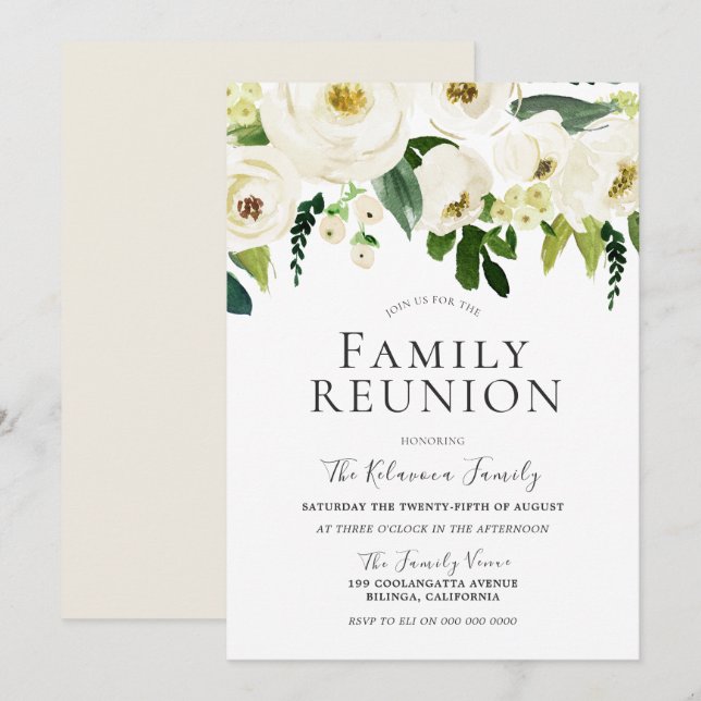White Flowers & Cream Elegant Family Reunion Invitation (Front/Back)
