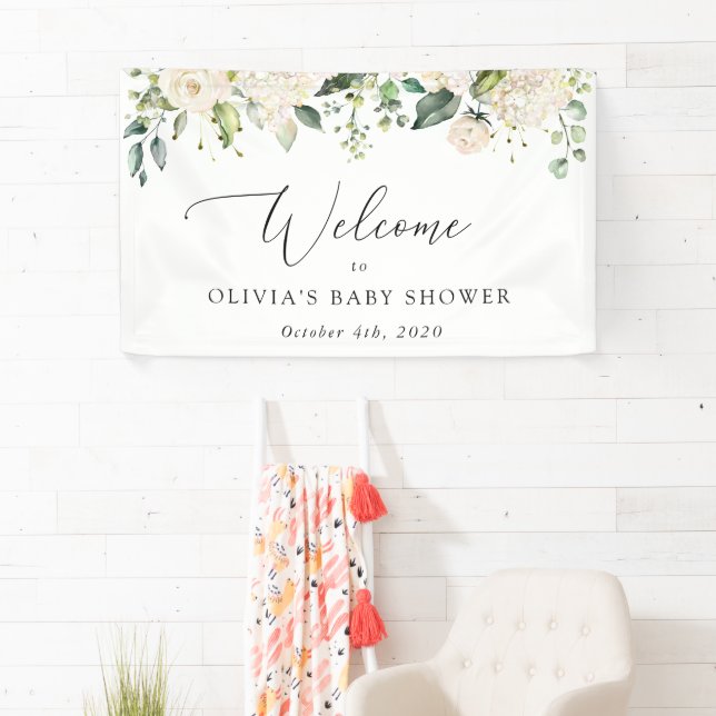 White Flowers, Cream Flowers, Baby Shower Welcome Banner (Insitu)