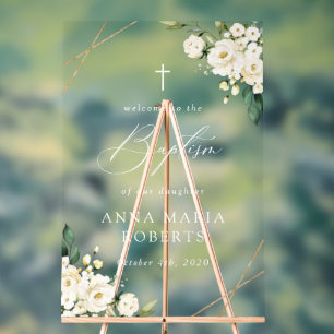 White Flowers, Cream Flowers, Baptism Welcome Acrylic Sign
