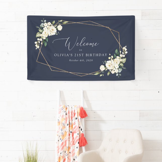 White Flowers, Cream Flowers, Birthday Welcome  Banner (Insitu)