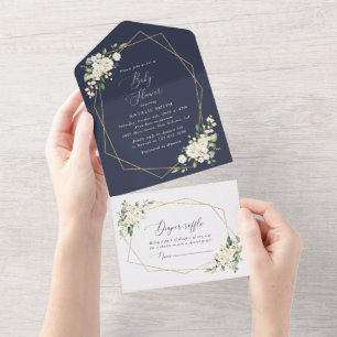 White Flowers, Cream Flowers, Boho, Baby Shower All In One Invitation