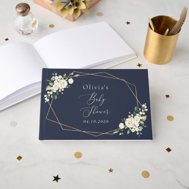 White Flowers, Cream Flowers, Boho, Baby Shower Guest Book (Front Open)