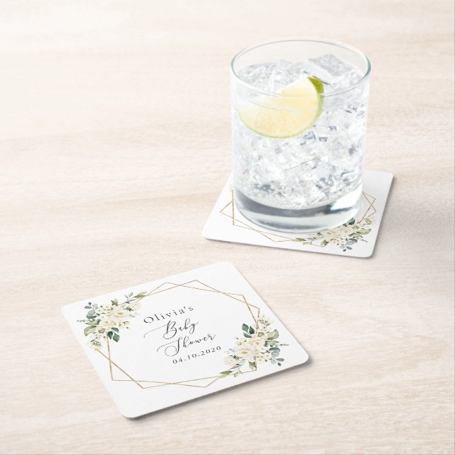 White Flowers, Cream Flowers, Boho, Baby Shower Square Paper Coaster (Insitu)