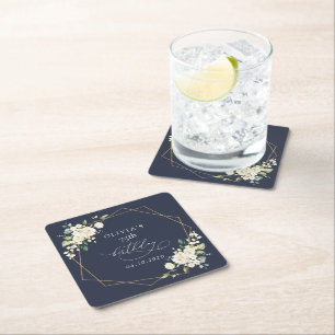White Flowers, Cream Flowers, Boho, Birthday Square Paper Coaster