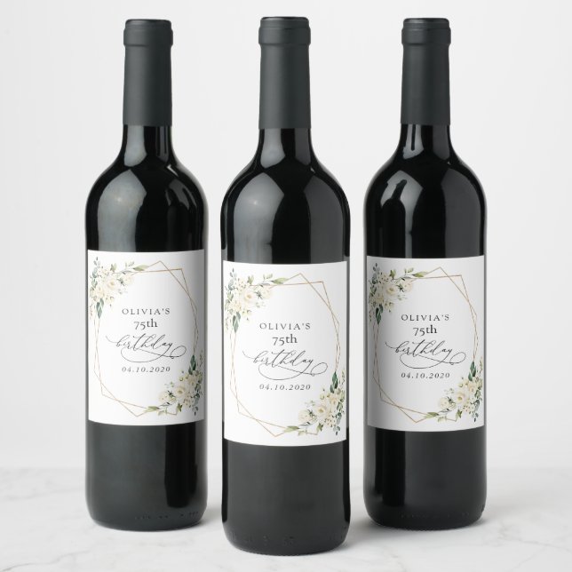 White Flowers, Cream Flowers, Boho, Birthday Wine Label (Bottles)