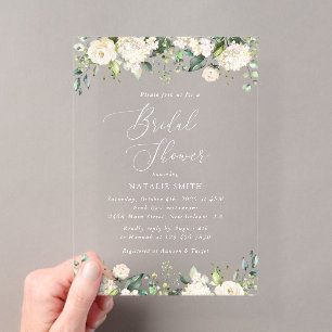White Flowers, Cream Flowers, Boho, Bridal Shower Acrylic Invitations