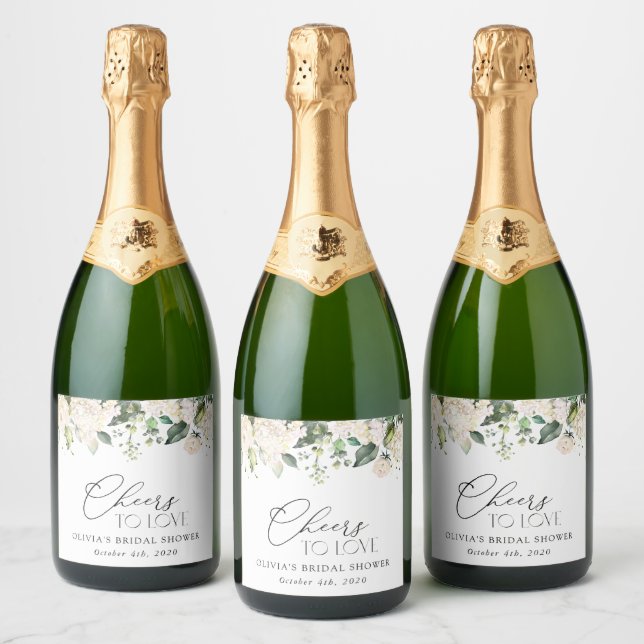 White Flowers, Cream Flowers, Boho, Bridal Shower Sparkling Wine Label (Bottles)